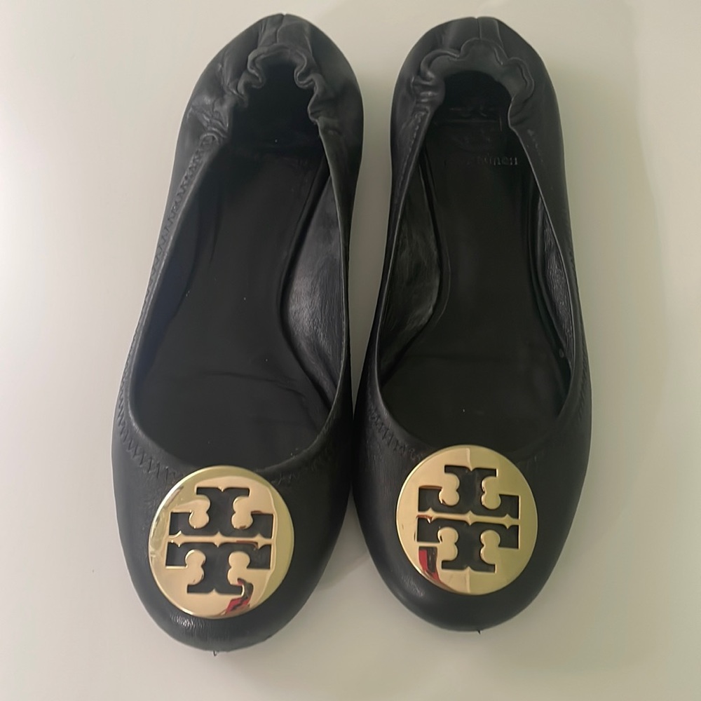 Tory Burch black gold logo flats